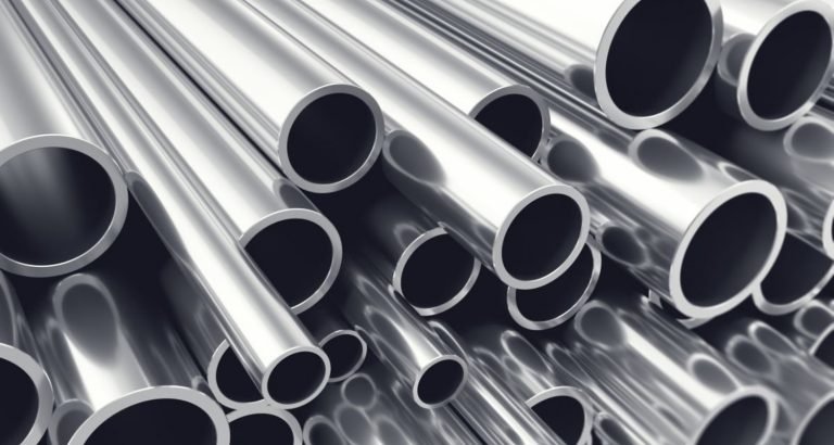 Heap of shiny metal steel pipes with selective focus effect, 3d illustration